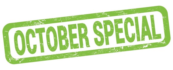 OCTOBER SPECIAL text written on green rectangle stamp.
