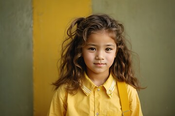 Funny child school girl on yellow background