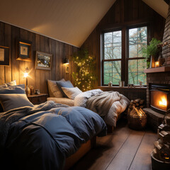 smallest cabin room cozy design wood walls blue
