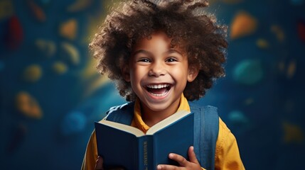 Delighted African American boy in glasses laughing for camera and reading book while having fun during school students against blue background