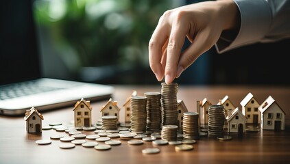 Hands of real estate agent putting coins on top of stack of coins with wooden house model.