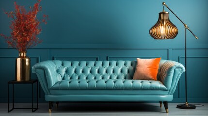 Vintage sofa and lamp on blue wall. Generative AI.
