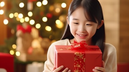 Fototapeta na wymiar Smiling Asian kid with a wrapped Christmas gift in a decorated living room. Close-up portrait of a Chinese laughing girl holding a wrapped New Year present at home. Holidays concept.