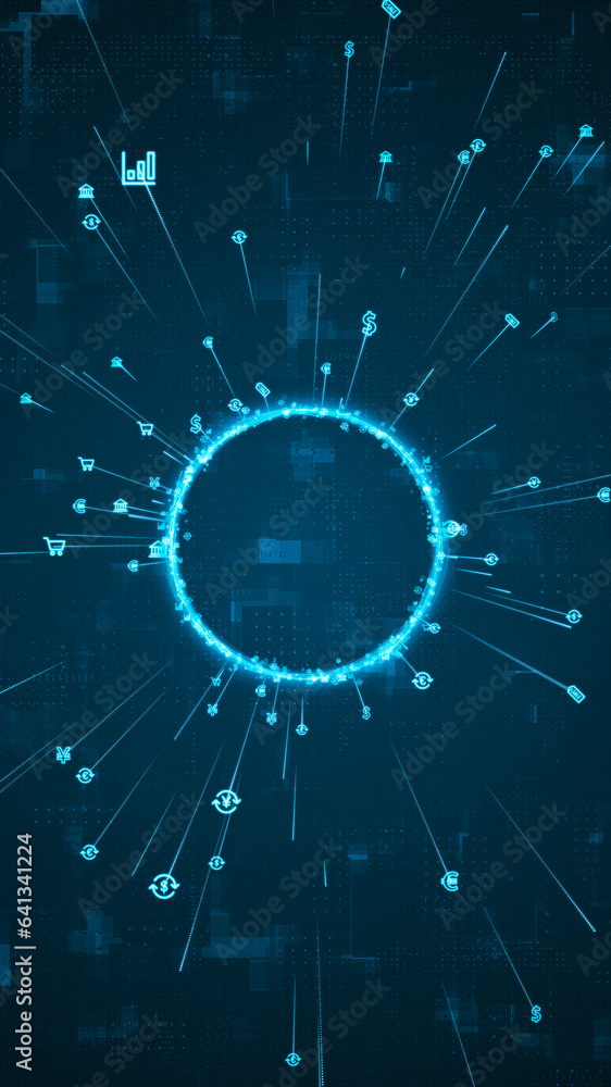 Poster blue digital particle ring rotation around logo with money icon spread and line linked on abstract b