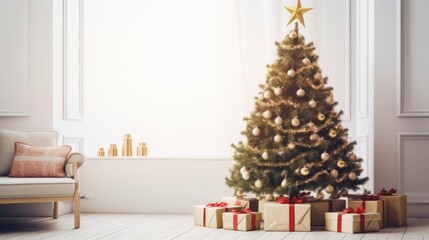 Christmas tree with colorful decorations and wrapped gifts on a white background. Wallpaper concept of Christmas and New Year. Tree decorated with garlands and presents boxes. Modern house interior.