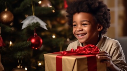 Fototapeta na wymiar Adorable smiling African kid with a wrapped Christmas gift in a decorated living room. Close-up portrait of a happy boy with a Wrapped Christmas present at home with a Christmas tree in the background