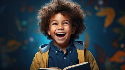 Foto op Plexiglas Delighted African American boy in glasses laughing for camera and reading book while having fun during school students against blue background © ND STOCK