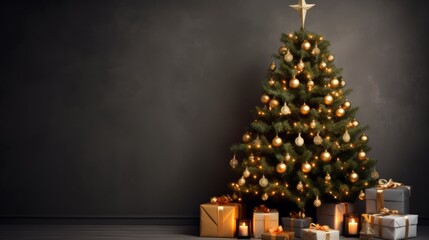 Christmas tree with colorful decorations and wrapped gifts on a dark background. Wallpaper concept of Christmas and New Year. Tree decorated with garlands and presents boxes. Modern house interior.