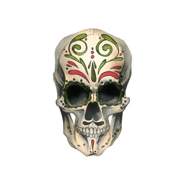 Human skull front view with colored ornaments. Hand drawn watercolor illustration for Halloween, day of the dead, Dia de los muertos. Isolated object on a white background.