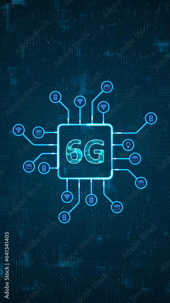 Poster blue digital 6g logo and futuristic hud technology circuit board with technology icon and data trans