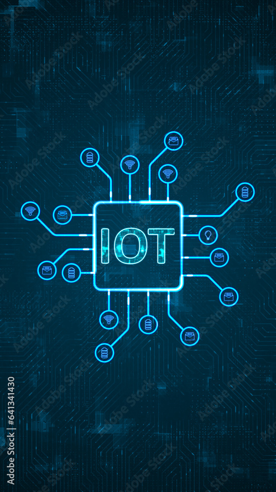 Poster blue digital iot logo and futuristic hud technology circuit board with tech icon and data transfer o