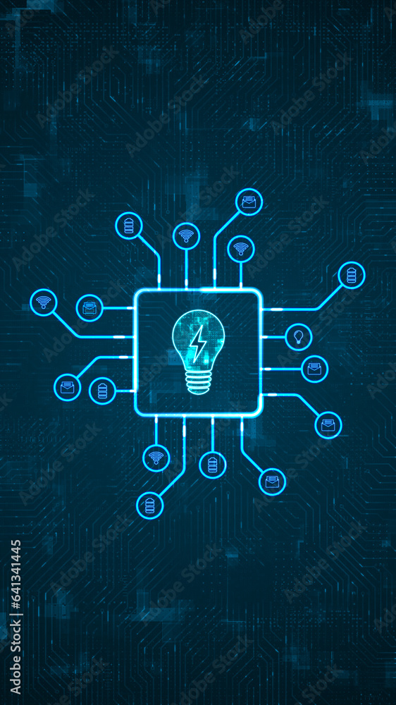 Poster blue digital lamp logo and futuristic hud technology circuit board with tech icon and data transfer 
