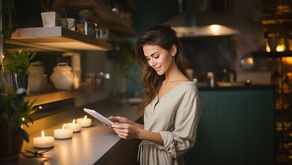 Beautiful young woman using digital tablet in the kitchen at home.