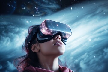 Young woman wearing virtual reality goggles against starry sky and nebula
