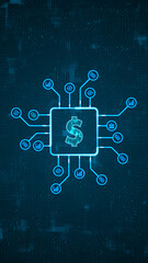 Blue digital money logo and HUD technology circuit board with money icons and data transfer on abstract background crypto currency finance and digital money
