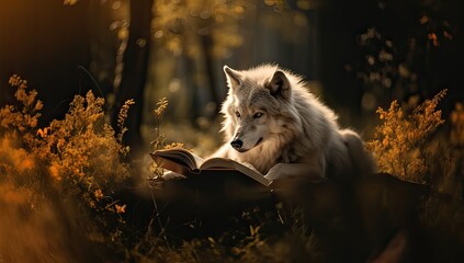 White wolf reading a book in the autumn forest. The concept of reading and education.