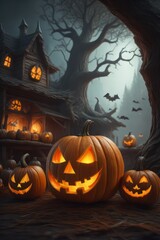 Glowing pumpkin with eyes in the autumn mystical forest. Halloween. Generative AI