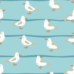 Seamless seagulls pattern. Creative nautical blue background with stripped.