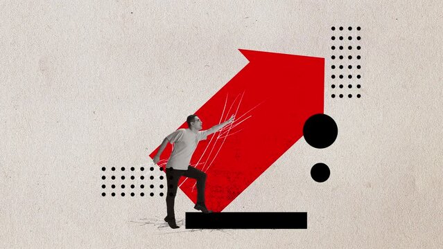 Stop motion, animation. Project manager standing with arrow of progress symbolizing success over light background. Top company