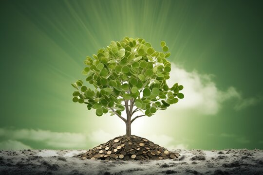 Tree growing from pile of coins against green background
