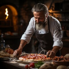 Professional chef in a pizzeria, pizzaiolo. Fatty food and fast food. concept: cooking profession, cooking and food preparation courses