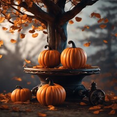 Naklejka premium Glowing pumpkin with eyes in the autumn mystical forest. Halloween. Generative AI