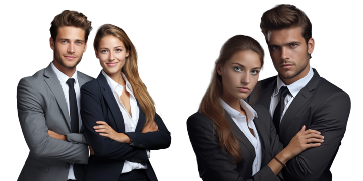 Successful young business partners posing back to back and smiling isolated on a transparent background