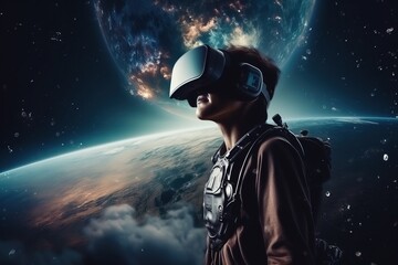 Astronaut man exploring space with virtual reality headset.