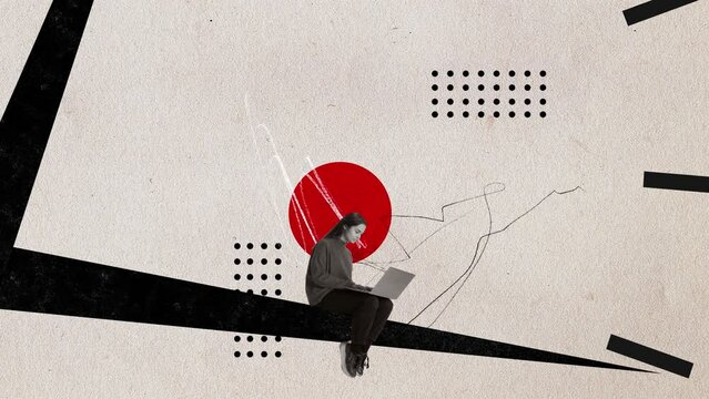 Stop motion, animation. Concentrated young girl sitting and working with laptop over light background with abstract objects. Banner for ad