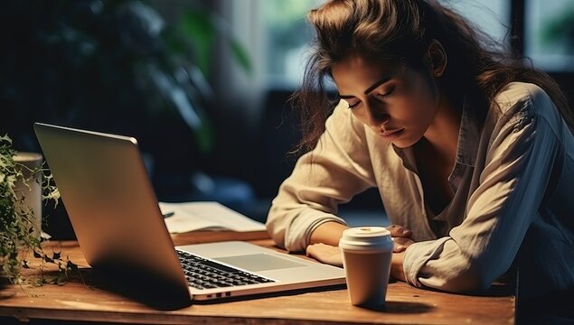 beautiful young woman using laptop and drinking coffee at workplace in office