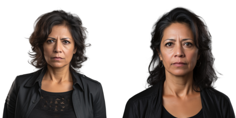 Serious middle aged Hispanic woman standing on transparent background