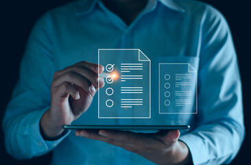 Businessman working with tablet. Checking mark up on the check boxes. Successful completion of business tasks. Digital marketing of statistics level up of graph. Business management goal strategy.