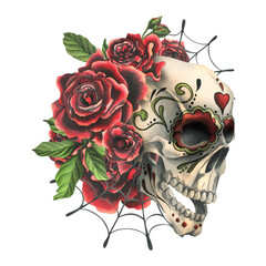 Ornamented human skull with red roses and cobwebs. Hand drawn watercolor illustration for day of the dead, halloween, Dia de los muertos. Isolated composition on a white background