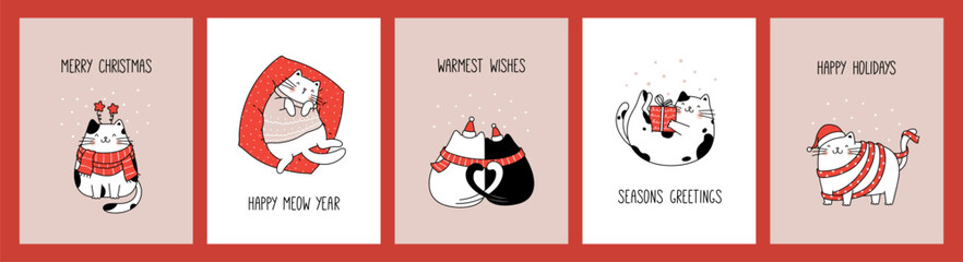 Hand drawn collection greeting cards and posters with cute funny cats for Christmas and New Year