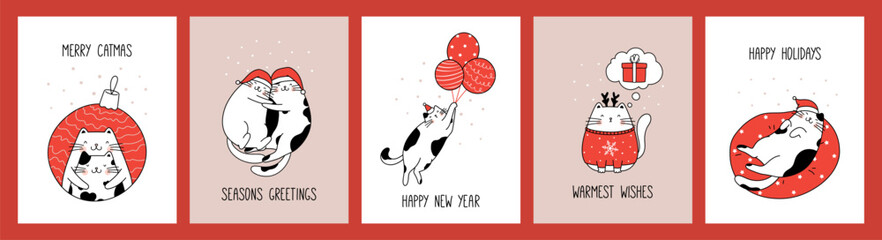 Hand drawn collection invitation greeting cards and posters with cute cats for Christmas and New Year.