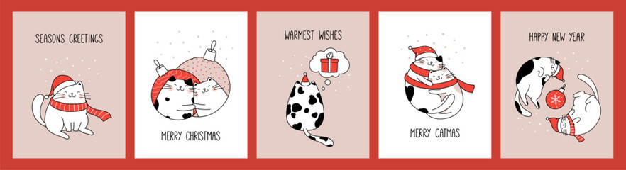 Hand drawn collection greeting cards and posters with cute cats for Christmas and New Year.