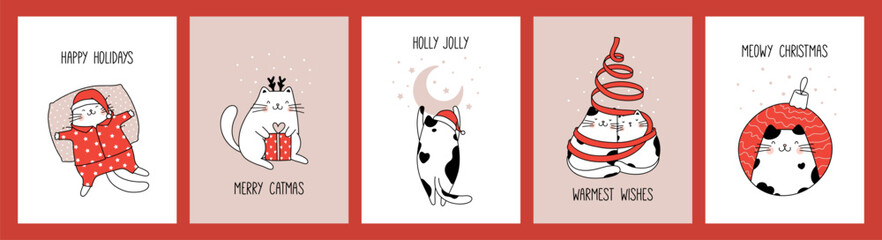 Hand drawn collection greeting cards and posters with funny cute cats for Christmas and New Year.