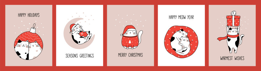 Hand drawn collection greeting cards and posters with cute cats for Christmas and New Year.
