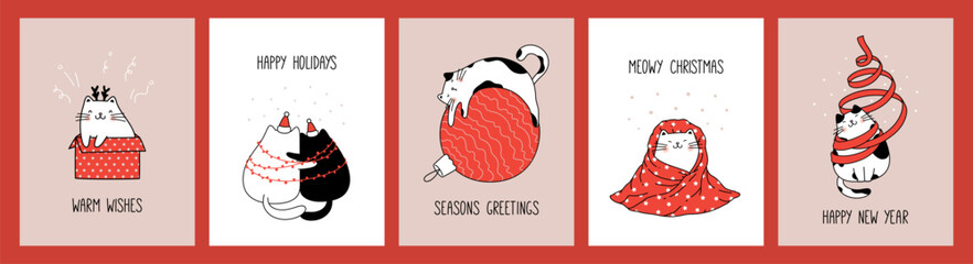 Hand drawn collection greeting cards and posters with cute cats for Christmas and New Year.