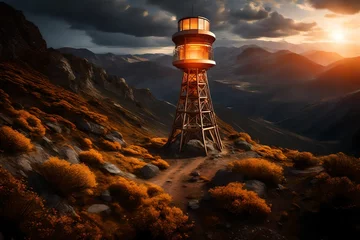 Rolgordijnen Picture a signals tower amidst a remote wilderness, its presence a symbol of technological advancement in even the most remote locations. As the sun sets, the tower's lights come to life, guiding trav © Sikandar Hayat