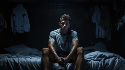 Dwindling Enthusiasm concept. A man sits at the edge of a bed, dressed in sports attire, but his shoes remain untied, symbolizing a loss of interest.