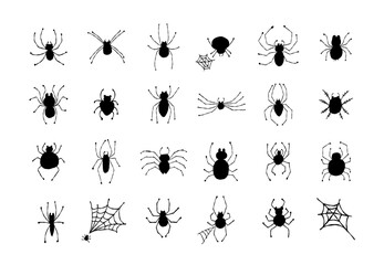 Collection of different spiders. Icons set. Hand drawn style.