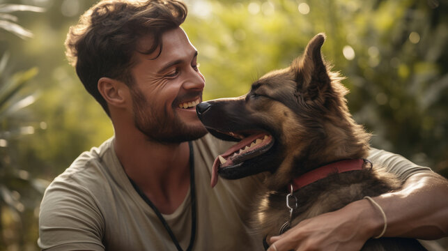 Laughing Man with his young german shepard Dog