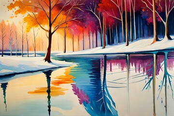 oil painting trees , reflection of tree in the river , snow in the forest, image of colorfull trees in the water 