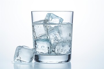 Glass with pure water and ice on a white background