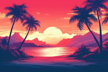 Fototapeta na wymiar Illustration of sunset on a tropical beach