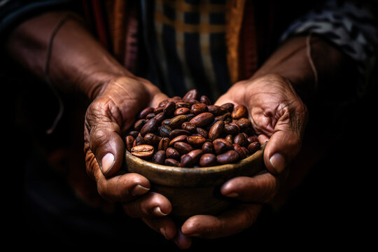 Close up of an old man's hands holding roasted coffee beans