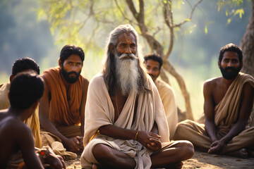 Old indian guru surrounded by his disciples