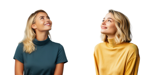 Blonde woman pondering standing and smiling sideways over a transparent background