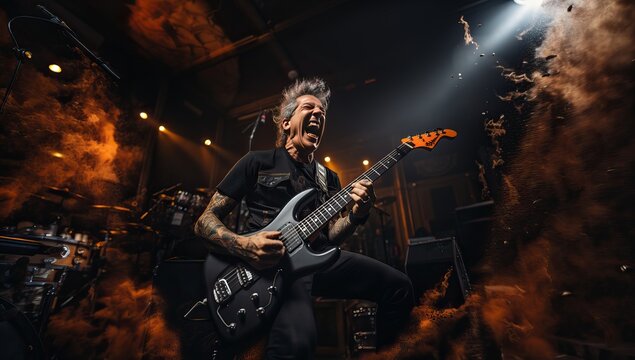 Guitarist performing live on stage in a nightclub. Music concept.